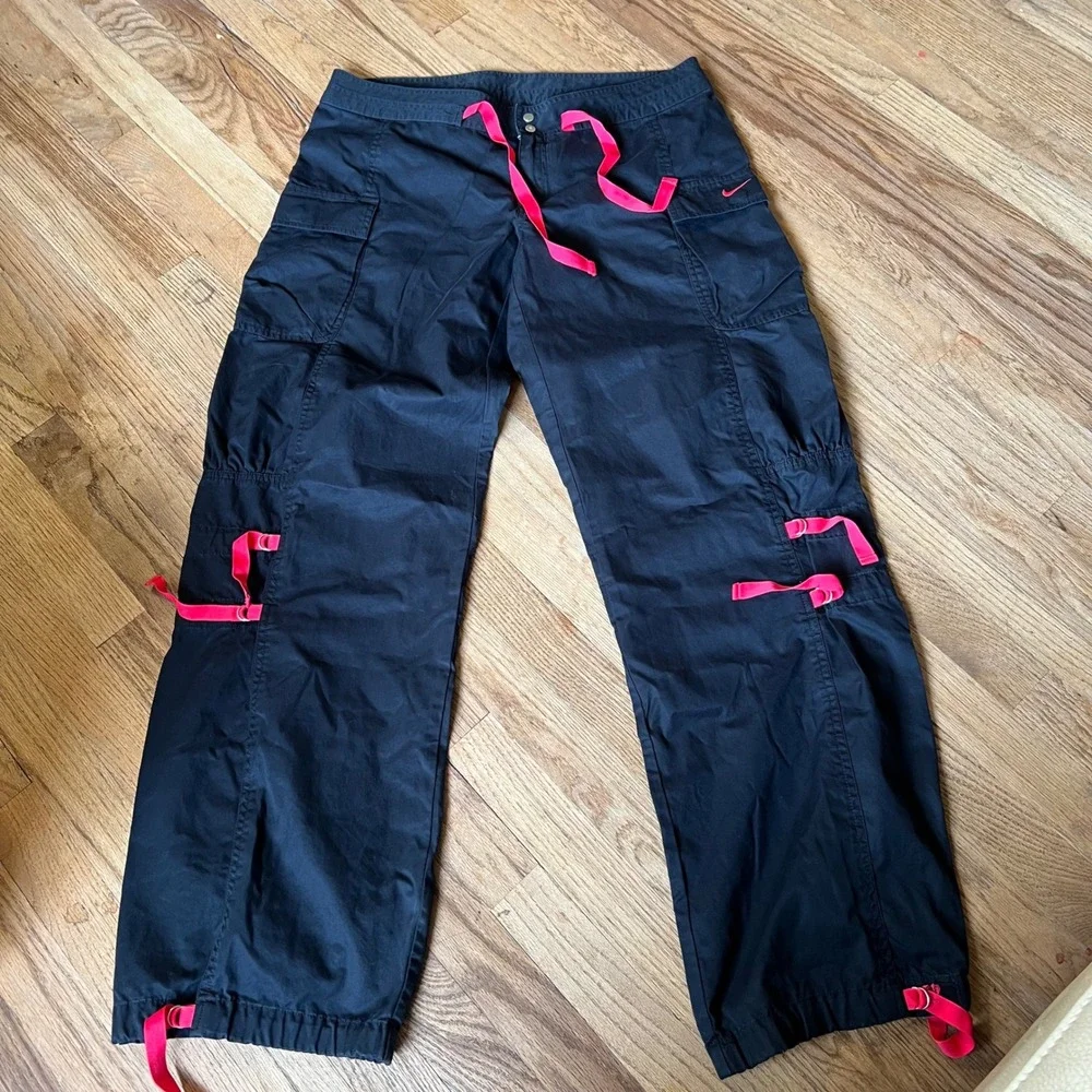 Nike Vintage Cargo Pants Black Pink Ribbon Y2K Wide Leg Utility Trousers Large
